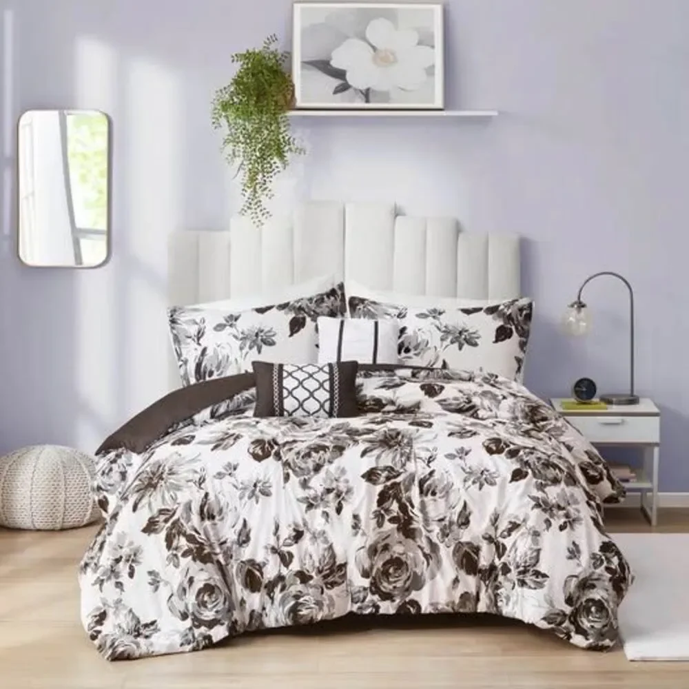 5-Piece Queen/Full Duvet Set Floral Black/White New